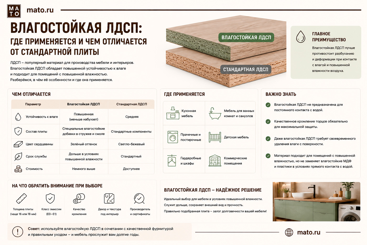 Влагостойкая ЛДСП: где применяется и чем отличается от стандартной плиты