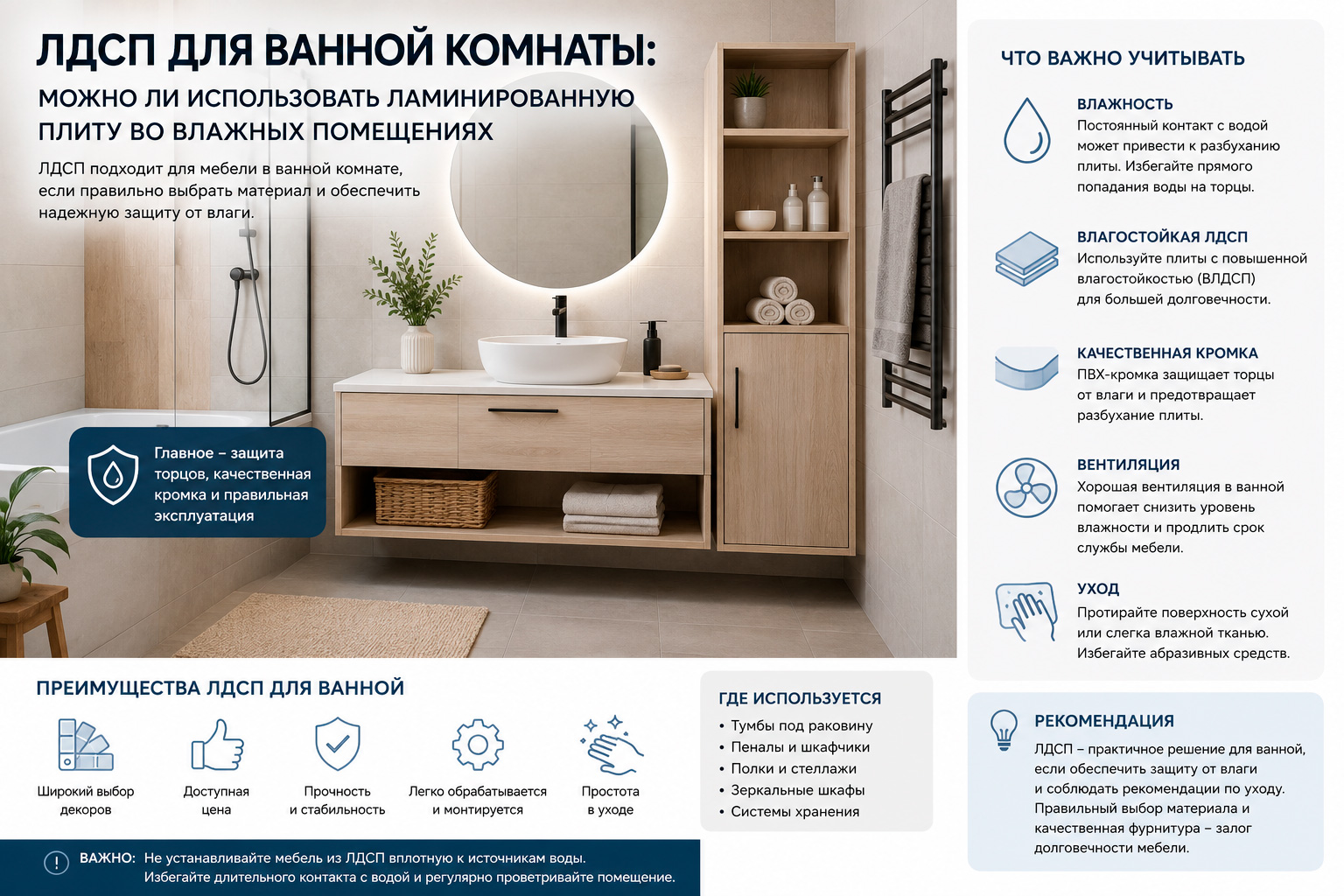 ЛДСП для ванной комнаты: можно ли использовать ламинированную плиту во влажных помещениях