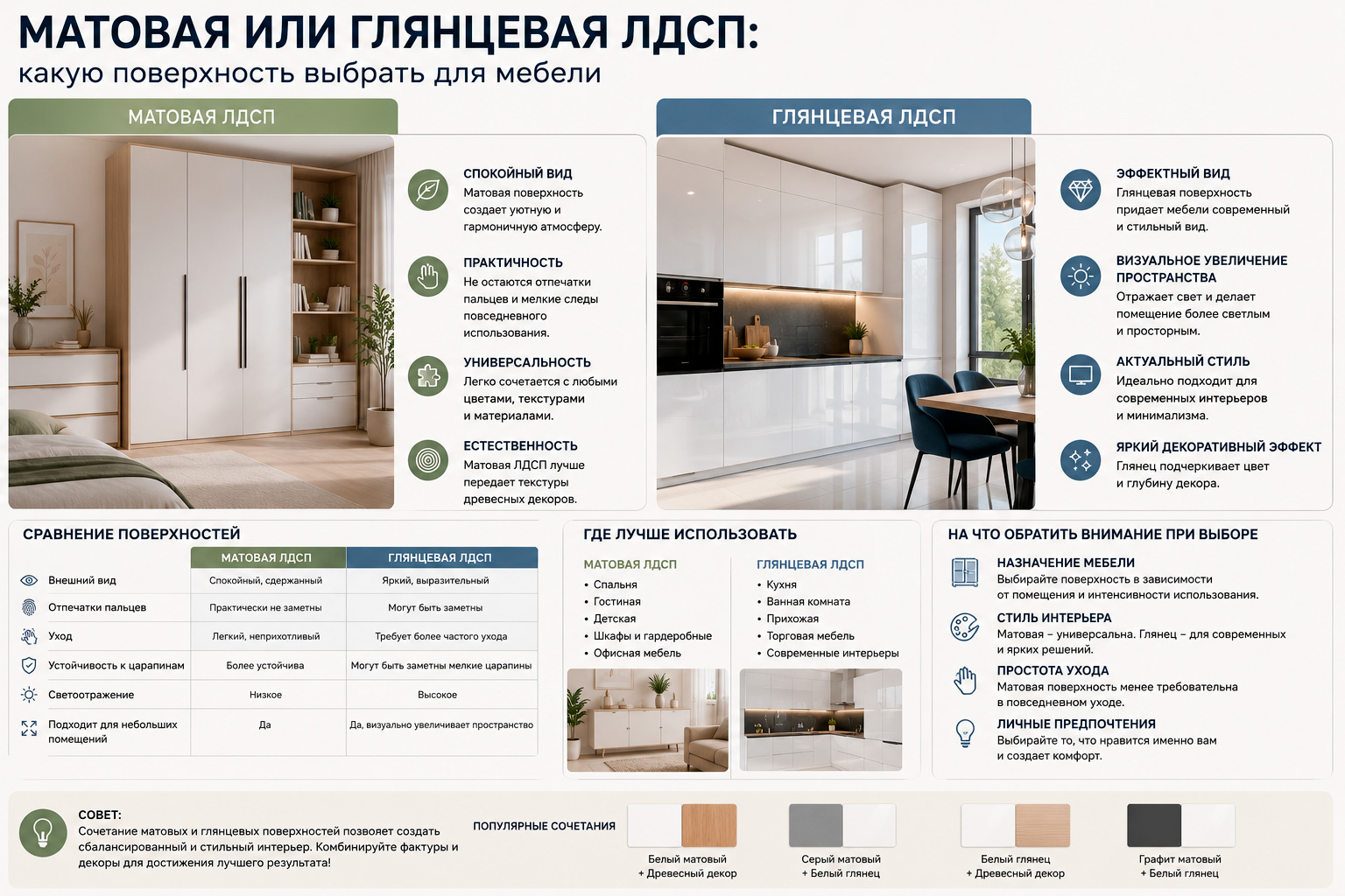 Матовая или глянцевая ЛДСП: какую поверхность выбрать для мебели