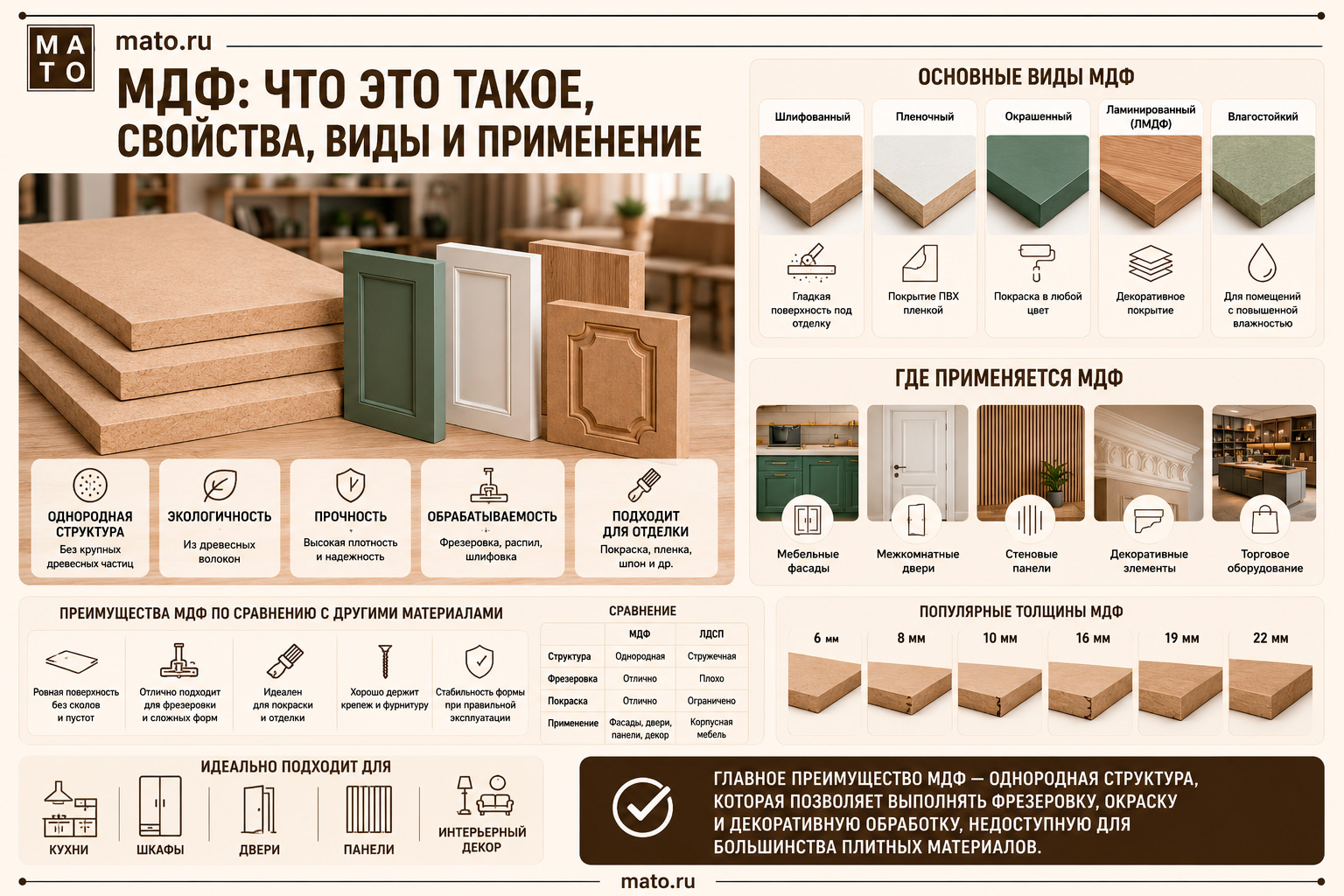 Что такое МДФ: свойства, виды и применение древесноволокнистой плиты