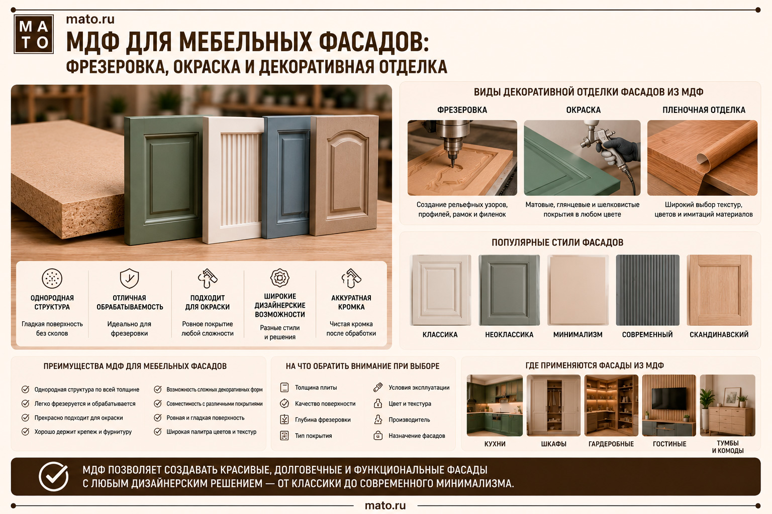 МДФ для мебельных фасадов: фрезеровка, окраска и декоративная отделка